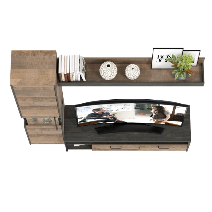 Стенки для гостиной, ТВ-тумба с навесной полкой и шкаф-пенал с витриной с подсветкой Трувор