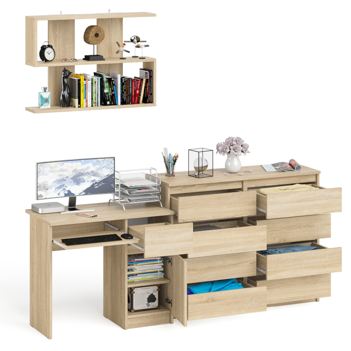 Домашние кабинеты, Большой комод на восемь выдвижных ящиков со столом МС-1 правый и полкой Мори 900