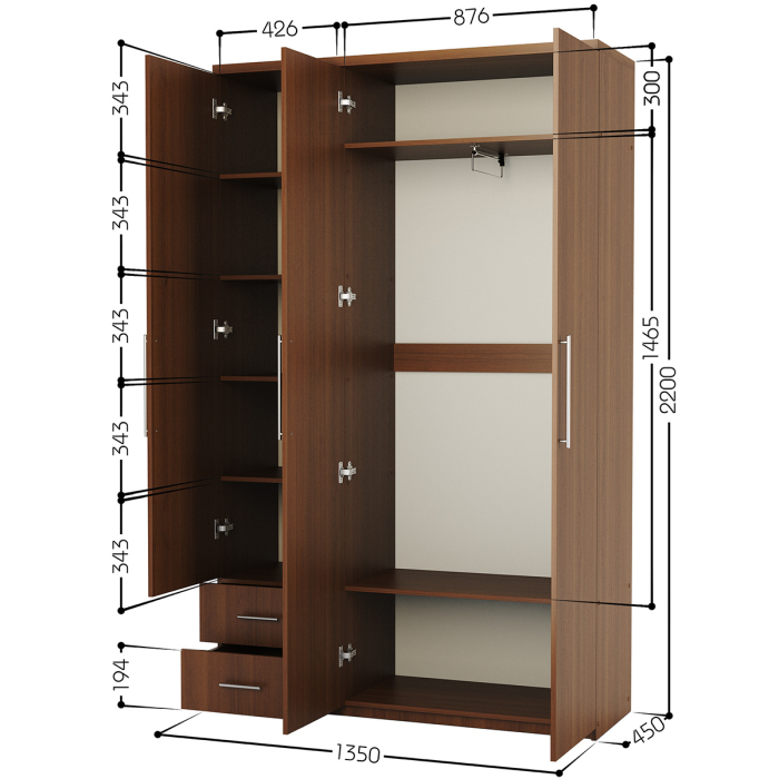 Для одежды, Шкаф трехдверный с зеркалом Комфорт МКЯ-32/1 135х45