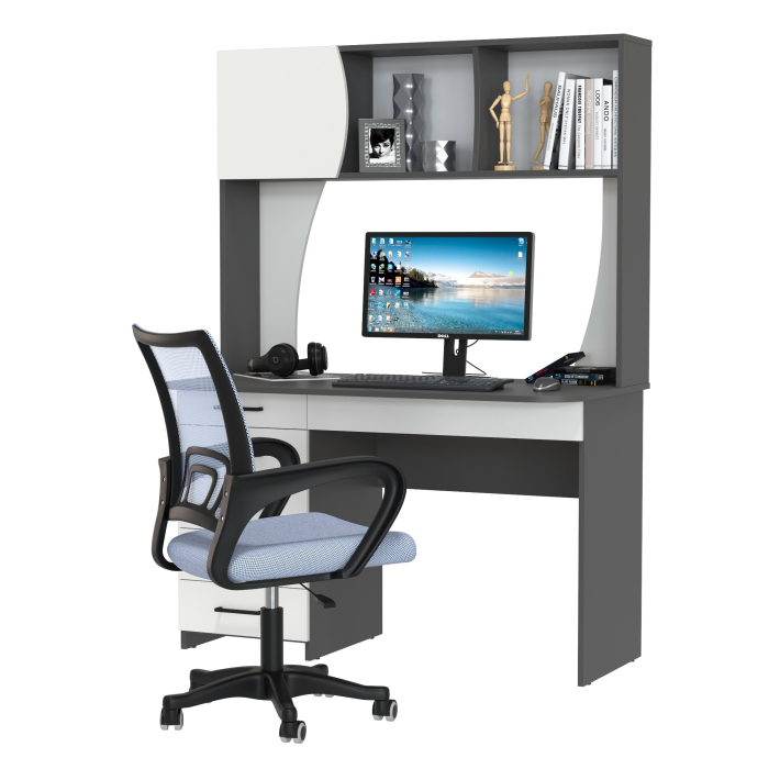 Прямые компьютерные столы, Стол компьютерный с надстройкой Сигма и компьютерное кресло серое