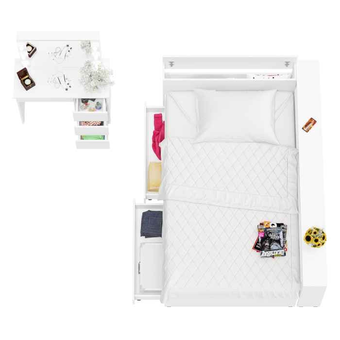 Спальные гарнитуры, Кровать с прикроватным блоком с ящиками Ксения 1200 и туалетный столик с подсветкой Сура