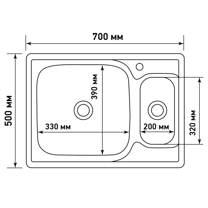 Кухонные мойки, Мойка врез 70х50 (0,8) 2-х чаш вып 3 1/2 MIXLINE 18см с сифоном