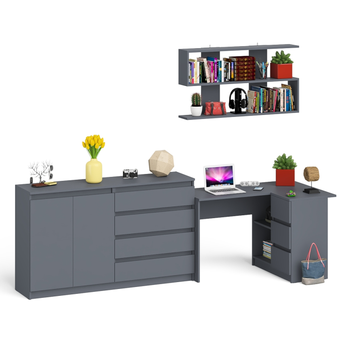 Домашние кабинеты, Тумба-комод МК1600.1 Мори с навесной книжной полкой и угловой компьютерный стол МС-16 правый