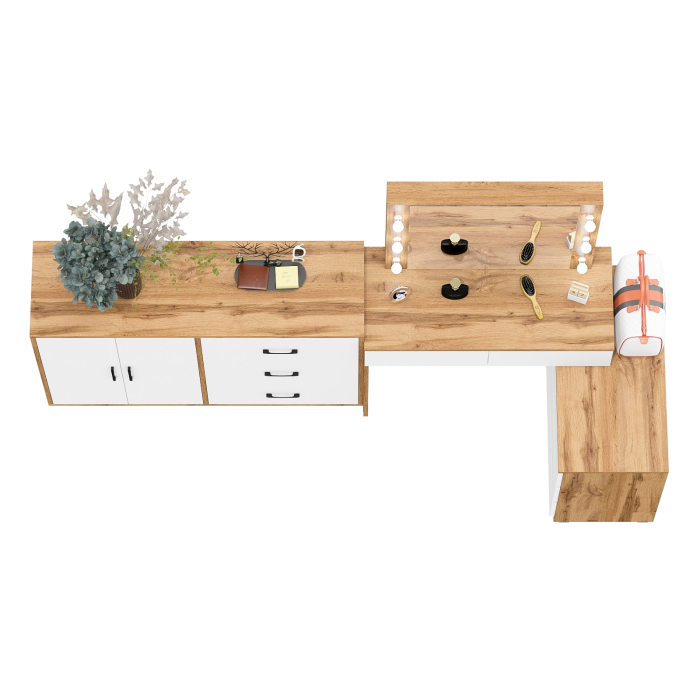 С зеркалом, Стол косметический с подсветкой 110 и тумба-комод с тремя ящиками и дверками 123-1204