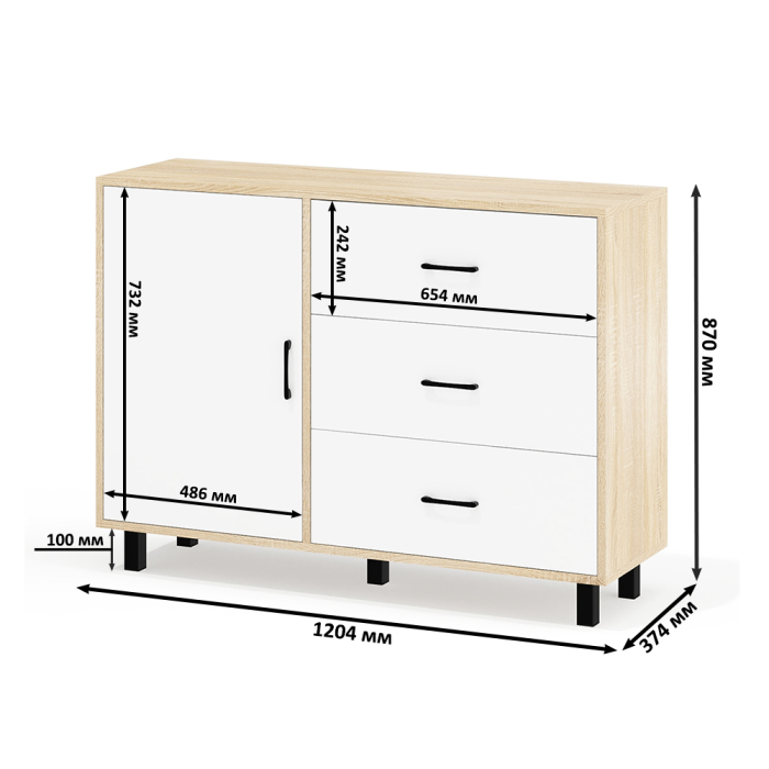 Комоды, Комод-тумба три ящика и дверка РВК 122-1204