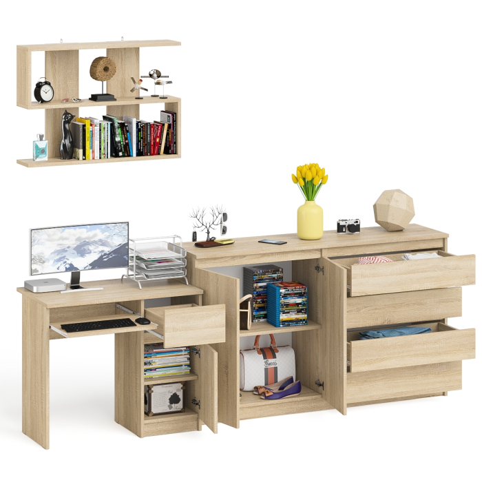 Домашние кабинеты, Тумба-комод с дверками и ящиками на 1600 со столом с тумбой и ящиком справа и навсеной полкой Мори