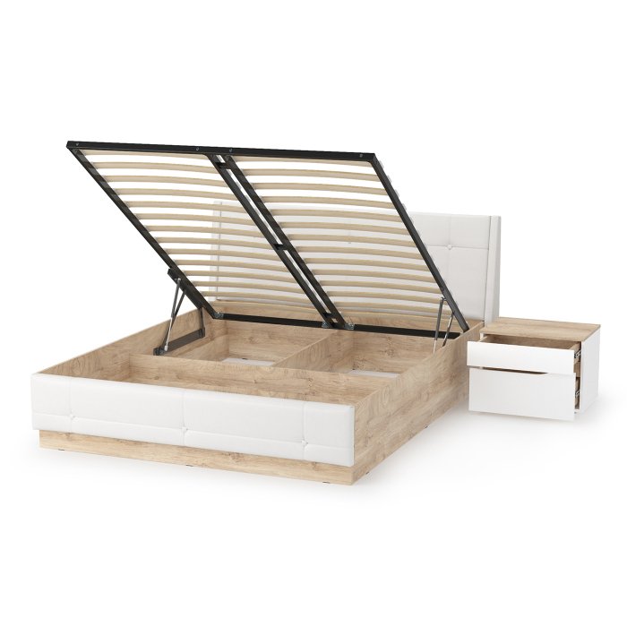 Спальные гарнитуры, Кровать Муссон с подъёмным основанием и тумбой белый/дуб эндгрейн/иск.кожа белая