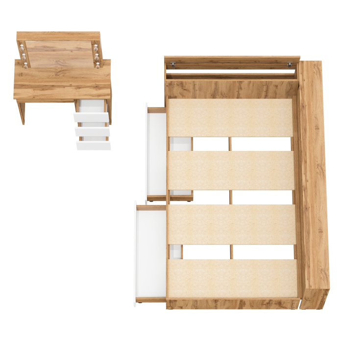 Спальные гарнитуры, Кровать с прикроватным блоком с ящиками Ксения 1200 и туалетный столик с подсветкой Сура