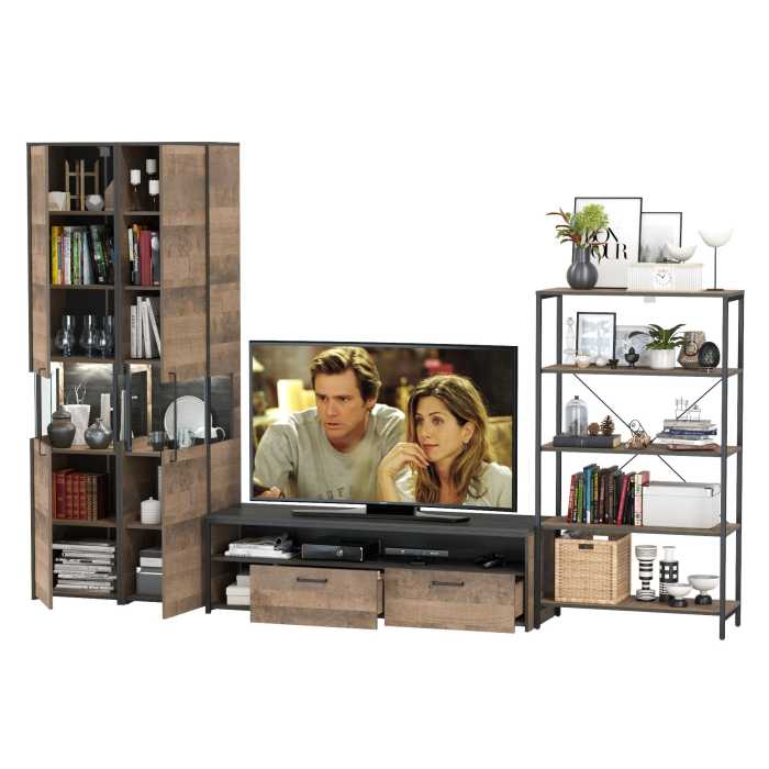 Стенки для гостиной, Шкаф-пенал-витрина с подсветкой с открытым стеллажом и тумбой для телевизора Трувор