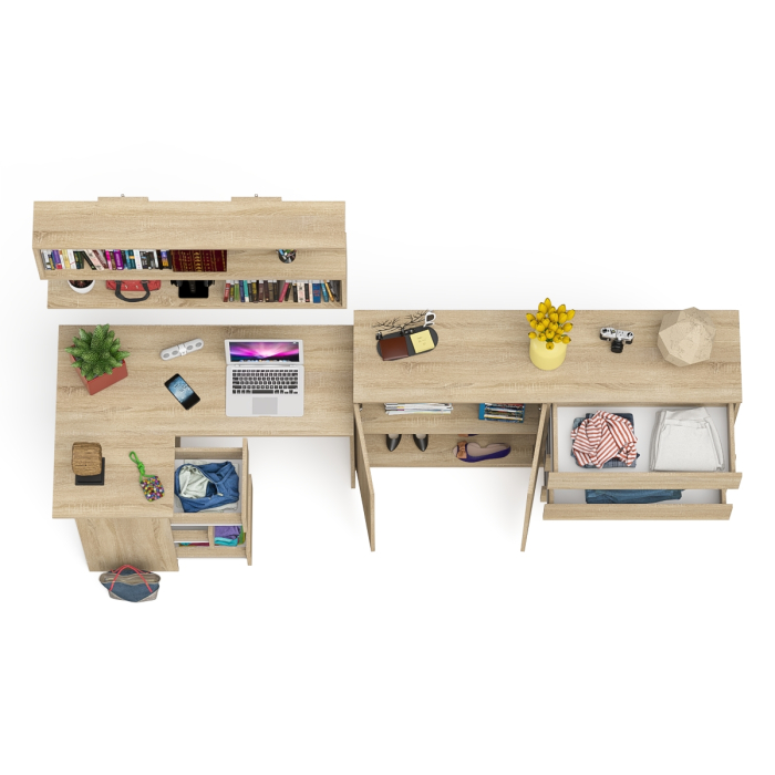 Домашние кабинеты, Угловой компьютерный стол с тремя ящиками Мори МС-16 левый с тумбой-комодом и книжной полкой