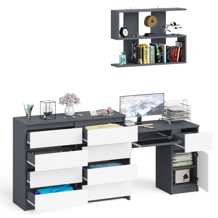 Домашние кабинеты, Большой комод на восемь выдвижных ящиков со столом МС-1 правый и полкой Мори 900