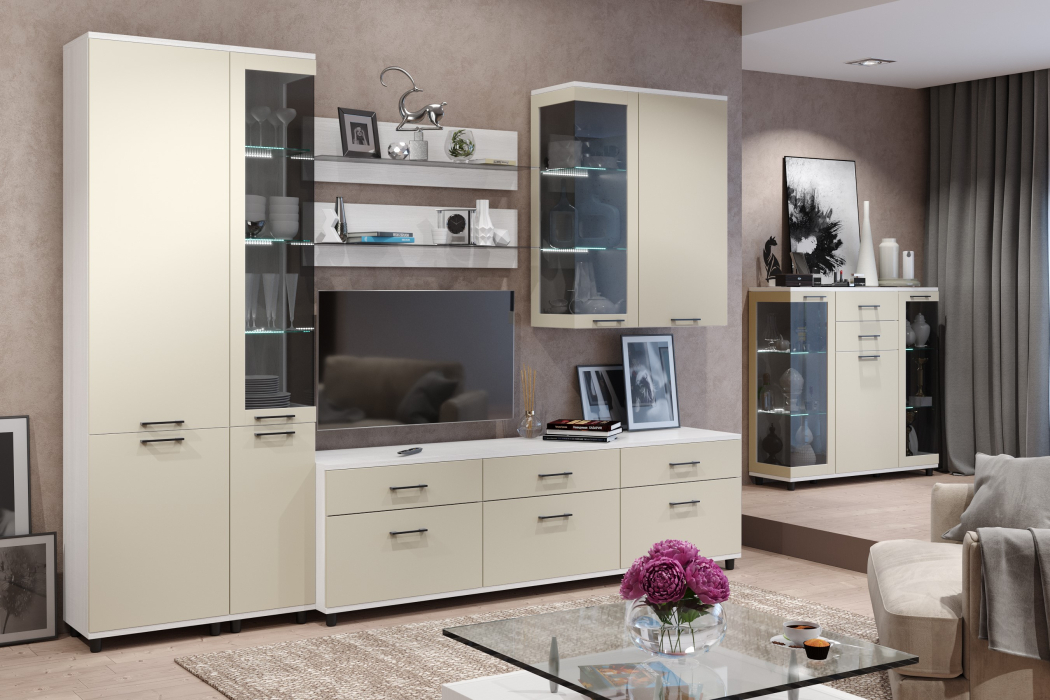 Стенки для гостиной, Модульная гостиная Грейс композиция 5  Снежный Ясень