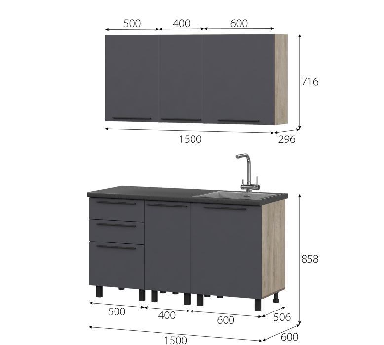 Кухонные гарнитуры, КГ Этна Софт Графит Гиза 2_1,5