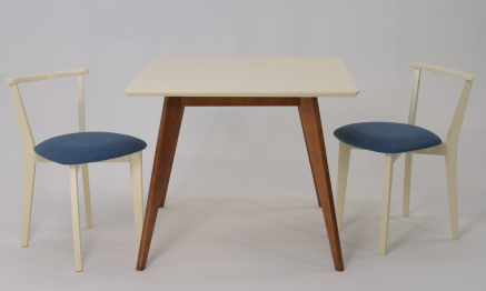 Стол Сканди М 100 орех/слоновая кость со стульями Франк слоновая кость рогожка синий