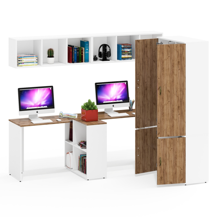 Домашние кабинеты, Два письменных стола-трансформера с навесными полками и шкаф для одежы и вещей Лидер-8