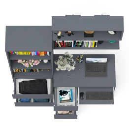 Стол для работы три ящика слева Мори с навесной полкой на 900 и стеллаж-комод три ящика