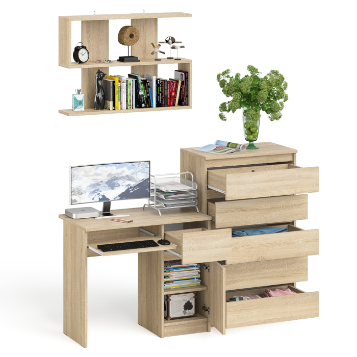Домашние кабинеты, Стол компьютерный Мори МС-1 правый с высоким комодом на пять ящиков и навесной полкой