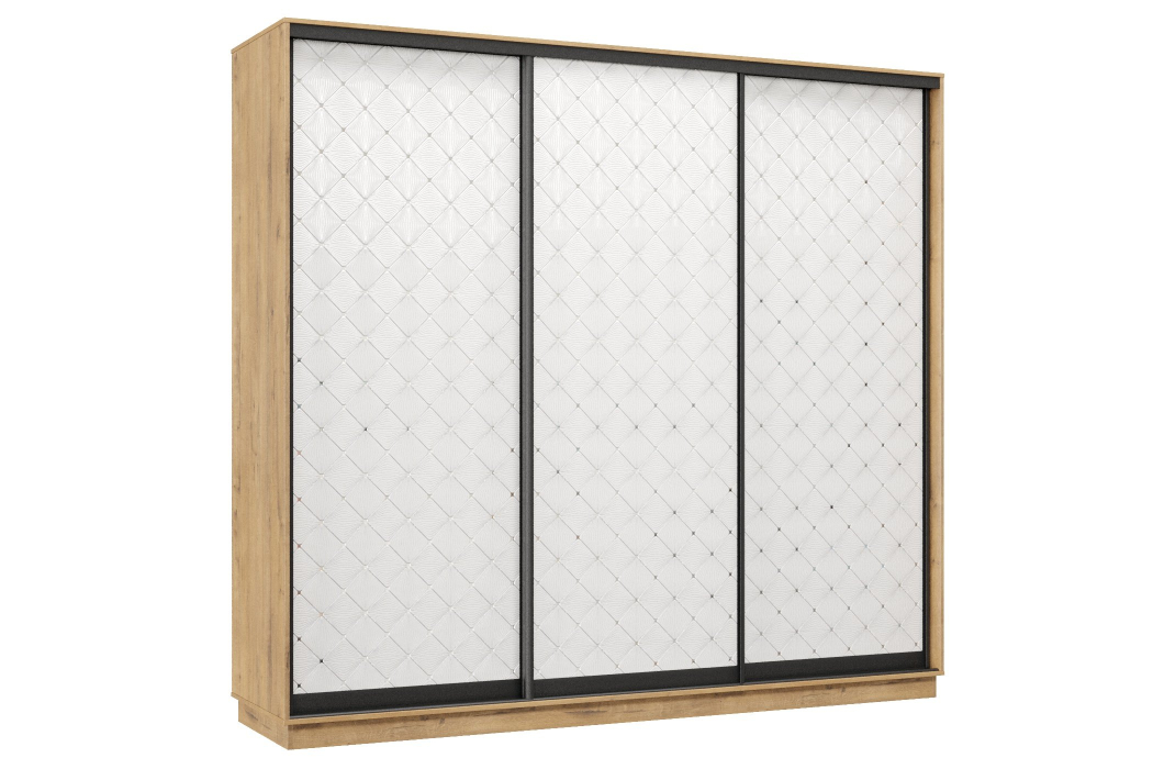 Шкафы-купе 3-х дверные, Шкаф-купе Премьер 33  (01РБ;01РБ;01РБ) фасады ромб белый/трёхдверный/Профиль чёрный муар