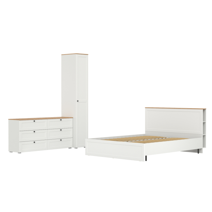 Спальные гарнитуры, Бельевой шкаф-пенал Остин с кроватью с основанием и комодом на 6-ть ящиков