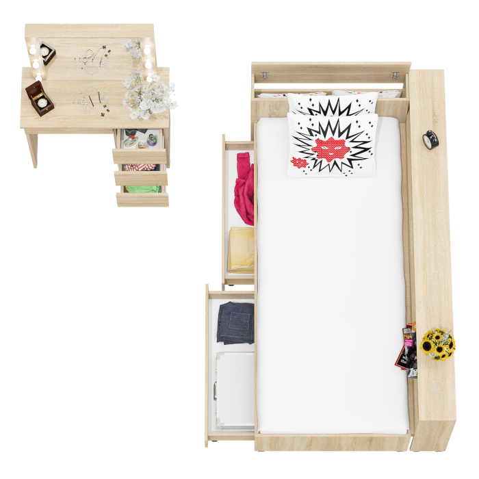 Спальные гарнитуры, Кровать с ящиками с прикроватным блоком для вещей Ксения 900 и столик косметический с подсветкой Сура