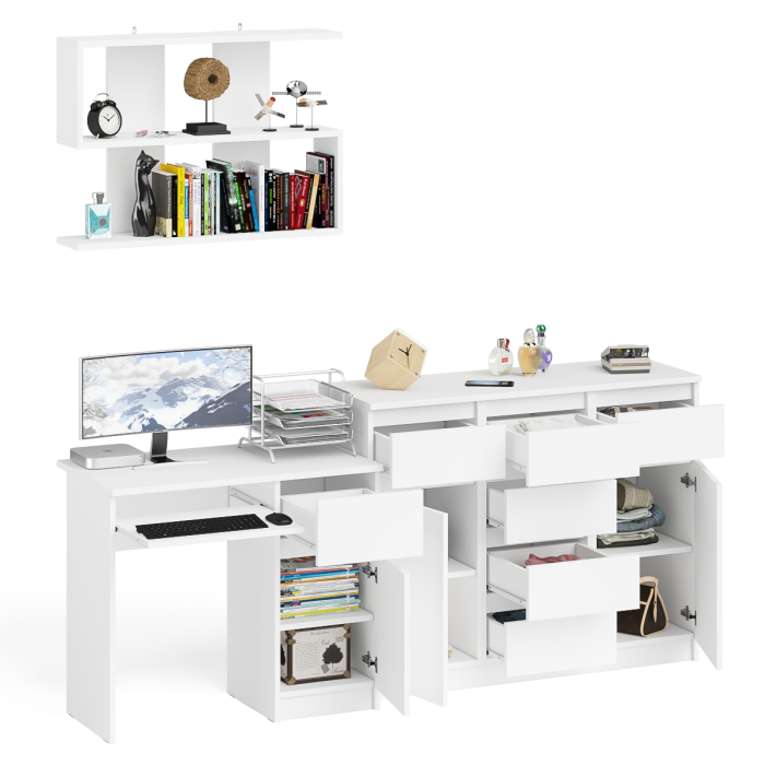 Домашние кабинеты, Тумба-комод Мори МК1200.4 с компьютерным столом МС-1 правый и открытой навесной полкой