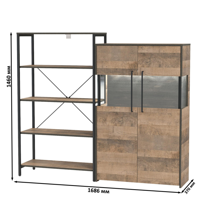 Стенки для гостиной, Комод с витриной с подсветкой и открытый стеллаж Трувор