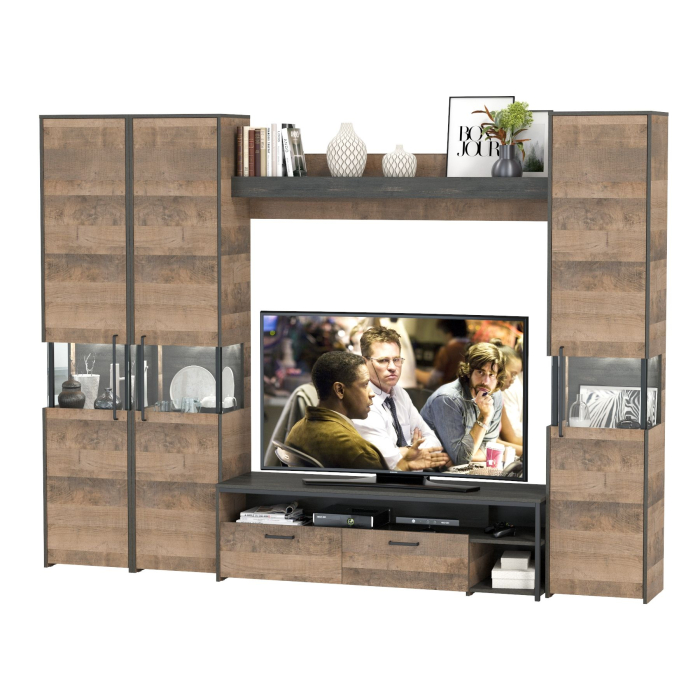 Стенки для гостиной, Три пенала-витрины в стиле лофт с подсветкой и тумба под ТВ Трувор
