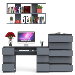 Стол для работы МС-2 с высоким комодом на пять ящиков и навесной полкой Мори