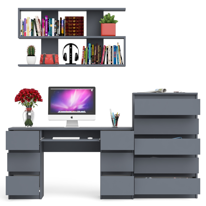 Домашние кабинеты, Стол для работы МС-2 с высоким комодом на пять ящиков и навесной полкой Мори