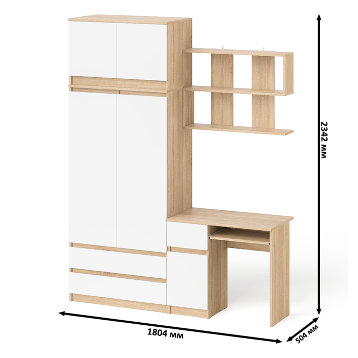 Домашние кабинеты, Стол однотумбовый Мори МС-1 левый с полкой навесной и комодом-шкафом с антресолью