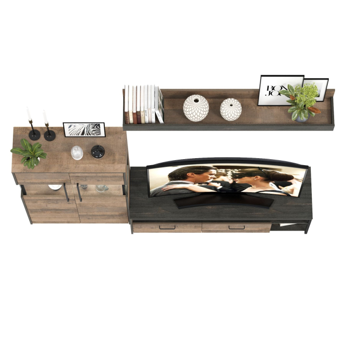 Стенки для гостиной, Тумба для техники и ТВ с навесной полкой и комод с витриной с подсветкой Трувор