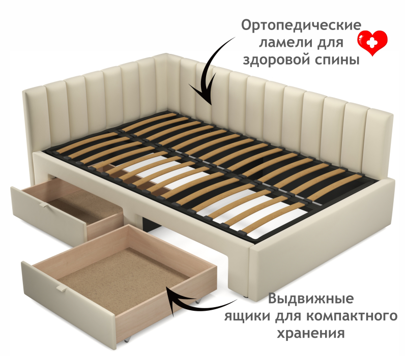 Мягкая кровать, Мягкая кровать-тахта Milena 1200 c ящиками