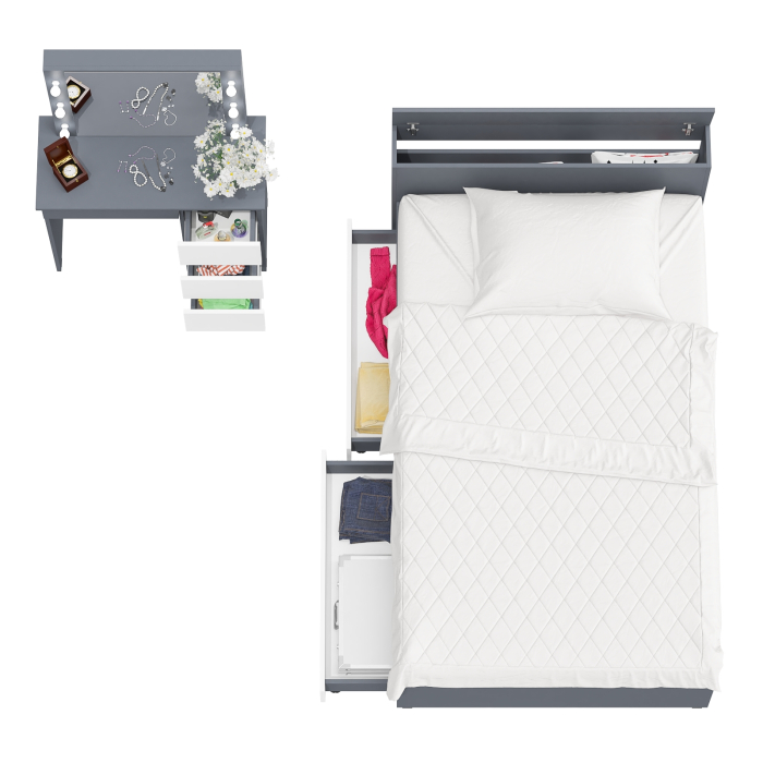 Спальные гарнитуры, Кровать с ящиками полутораспальная Ксения 1200 и туалетный столик с подсветкой Сура