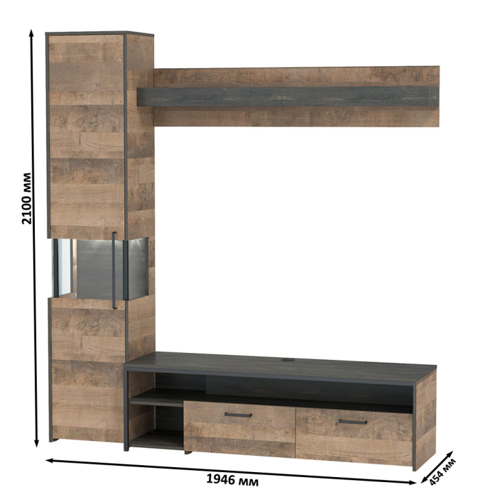 Стенки для гостиной, ТВ-тумба с навесной полкой и шкаф-пенал с витриной с подсветкой Трувор