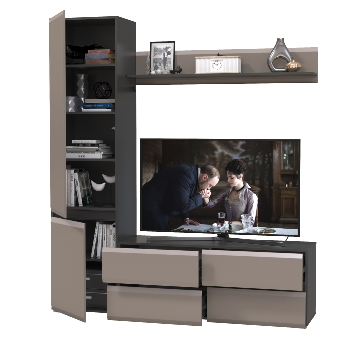 Стенки для гостиной, Широкий шкаф-пенал Сидней с полочкой и ТВ-тумбой