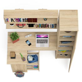 Угловой компьютерный стол с ящиками Мори МС-16 левый с книжной полкой и пеналом с полками