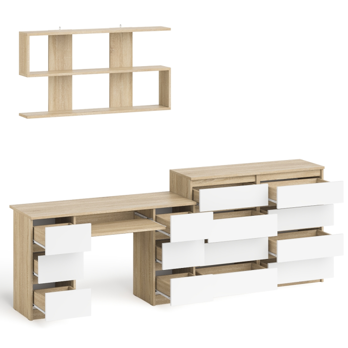 Домашние кабинеты, Полка Мори 1200 с письменным столом Мори МС-2 и комодом на восемь ящиков