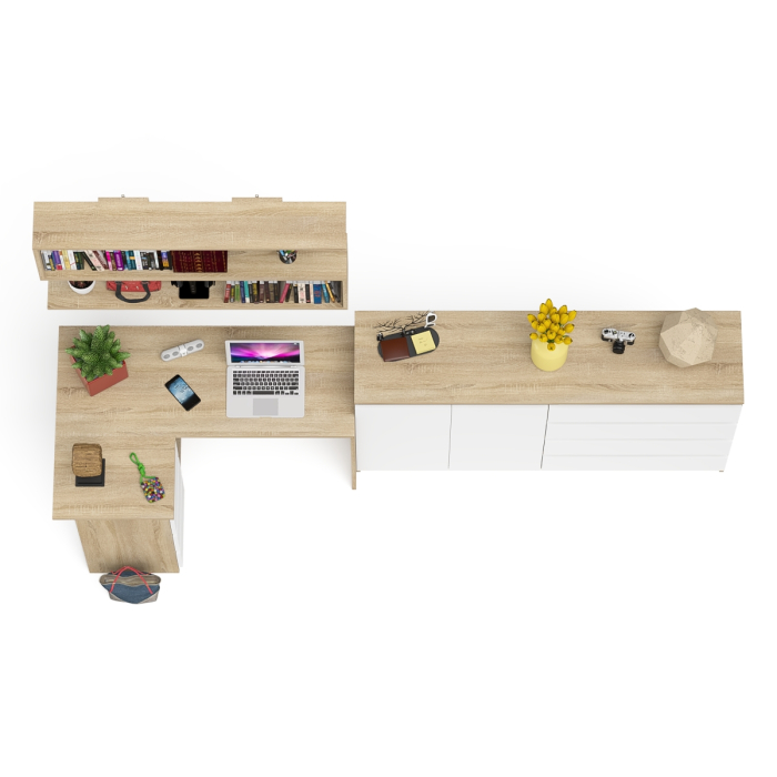 Домашние кабинеты, Угловой компьютерный стол с тремя ящиками Мори МС-16 левый с тумбой-комодом и книжной полкой