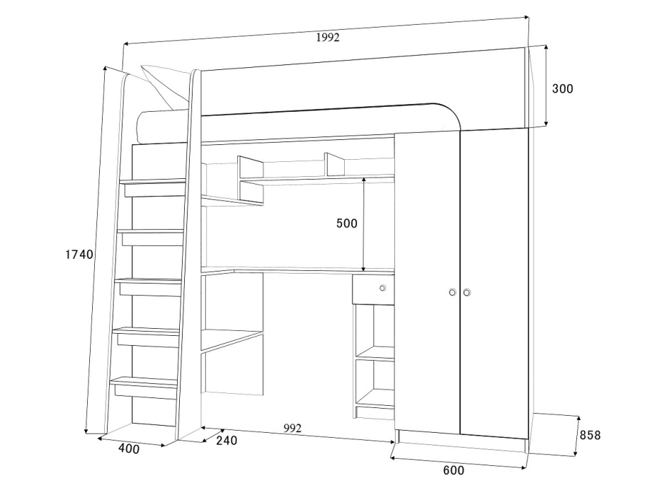 Кровати-чердаки, Кровать-чердак Астра 10 Дуб молочный