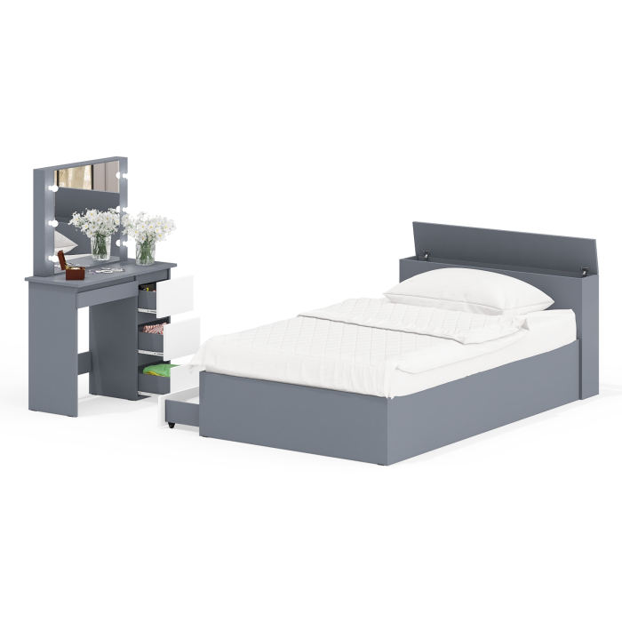 Спальные гарнитуры, Кровать с ящиками полутораспальная Ксения 1200 и туалетный столик с подсветкой Сура