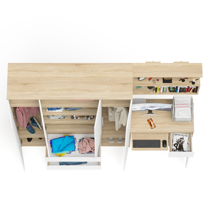 Домашние кабинеты, Стол компьютерный с тумбой справа с большим шкафом Мори МШ1600.1 и полкой открытой