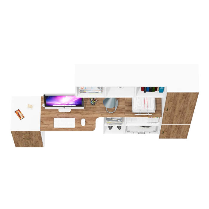 Домашние кабинеты, Навесная книжная полка Лидер-8 с письменным столом с тумбочкой 3.16 и пеналом с полками