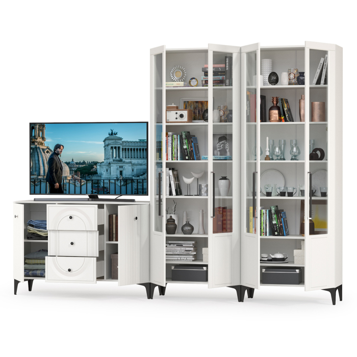 Стенки для гостиной, Широкий стеклянный шкаф и тумба-комод Валенсия № 111