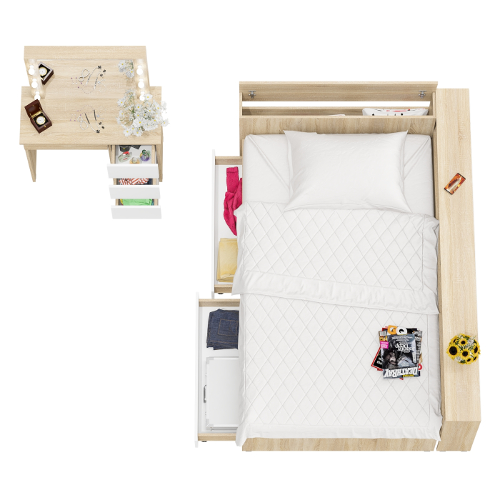 Спальные гарнитуры, Кровать с прикроватным блоком с ящиками Ксения 1200 и туалетный столик с подсветкой Сура