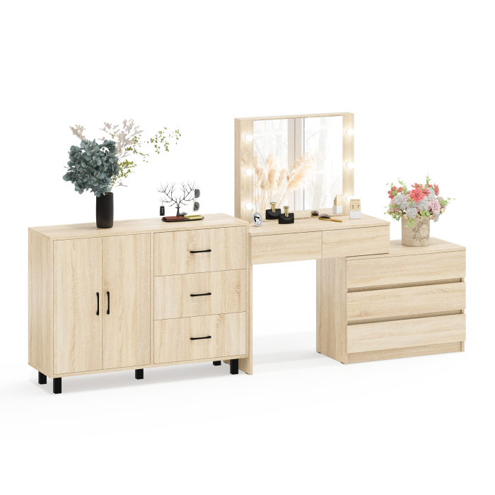 С зеркалом, Стол косметический с подсветкой 110 и тумба-комод с тремя ящиками и дверками 123-1204