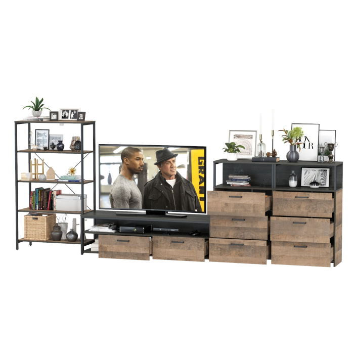 Стенки для гостиной, Стеллаж открытый с ТВ-тумбой и двумя комодами с тремя ящиками Трувор № 98