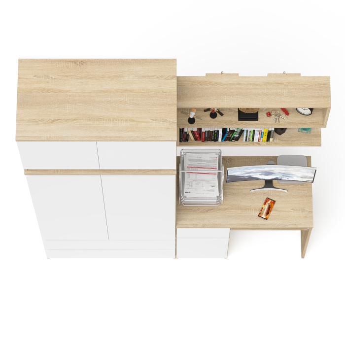 Домашние кабинеты, Стол однотумбовый Мори МС-1 левый с полкой навесной и комодом-шкафом с антресолью