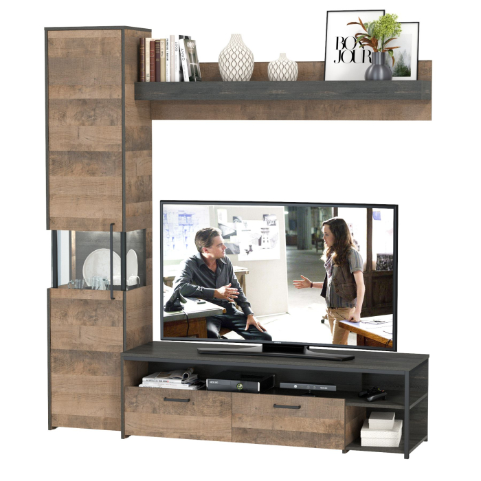 Стенки для гостиной, ТВ-тумба с навесной полкой и шкаф-пенал с витриной с подсветкой Трувор