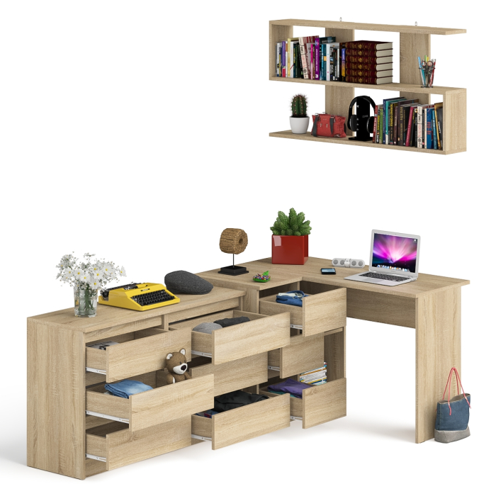 Домашние кабинеты, Стол компьютерный угловой МС-16 левый Мори с полкой для книг и широким комодом