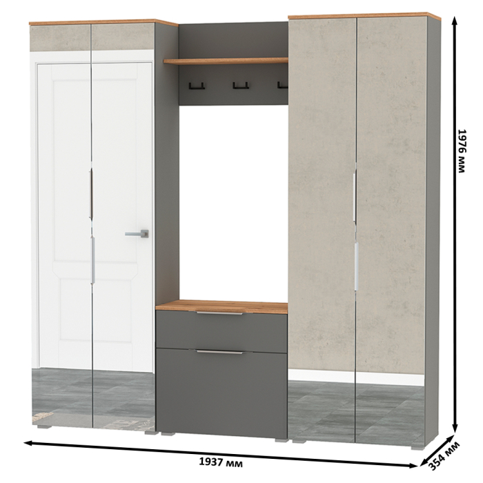 Прихожие, Два шкафа для одежды с зеркалами и обувницей с вешалкой с полкой Октава